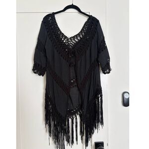 Vintage Black Macramé Fringe Top Boho 70s Stevie Nicks Style